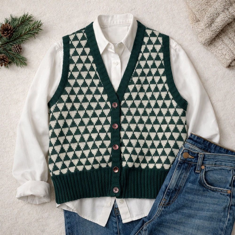 Vintage 70s Sears JR Bazaar Green Geometric Sweater Vest | Retro Knit